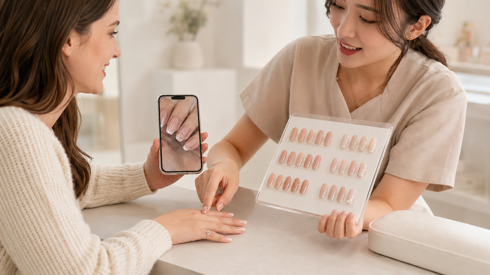 Planning nail art placement with a nail technician