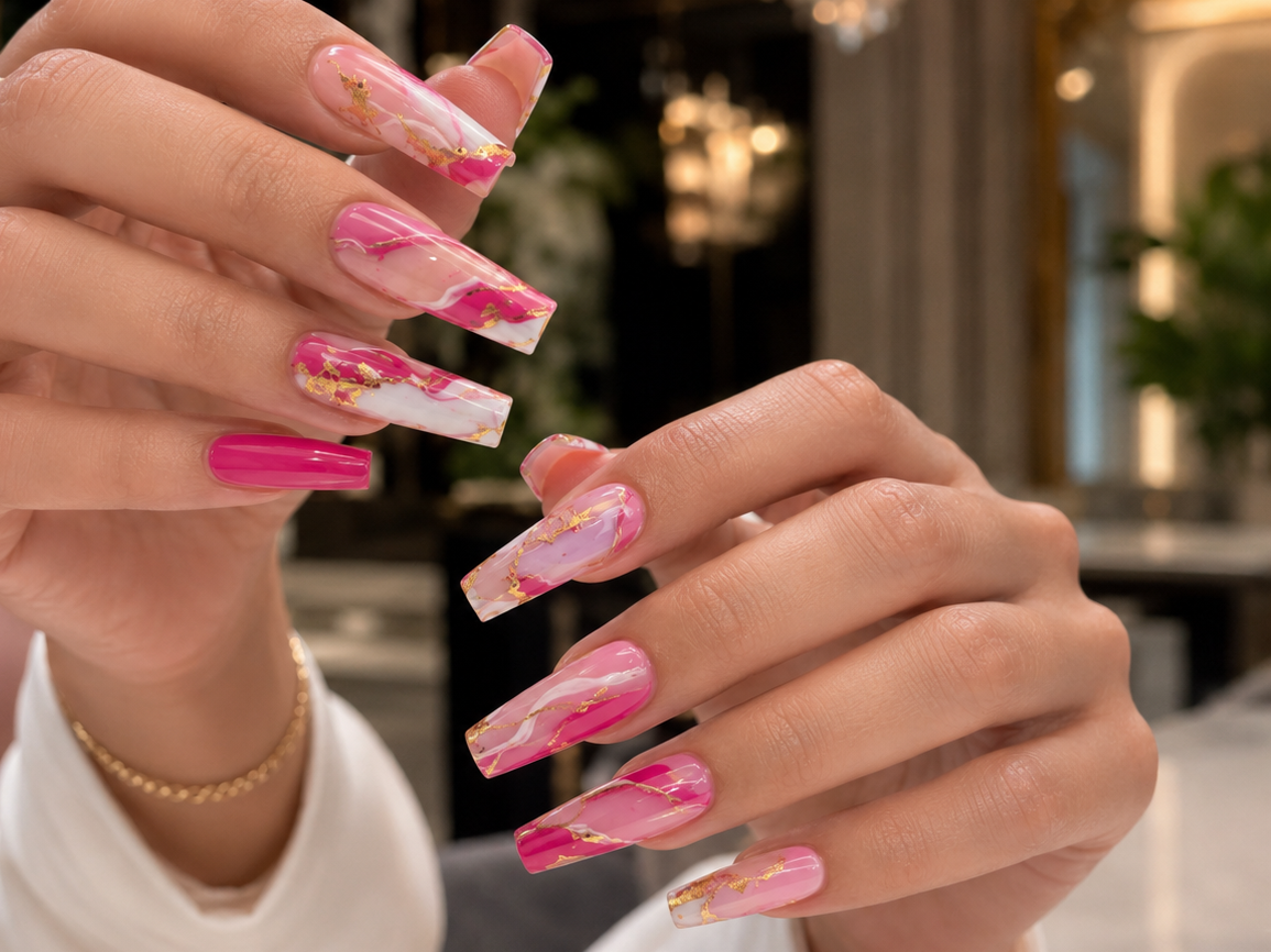 Strong well-shaped acrylic nails with a bold design
