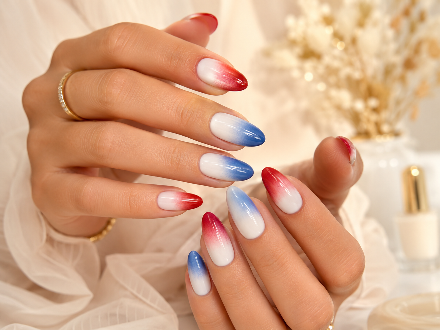 Patriotic ombre nails in red white and blue