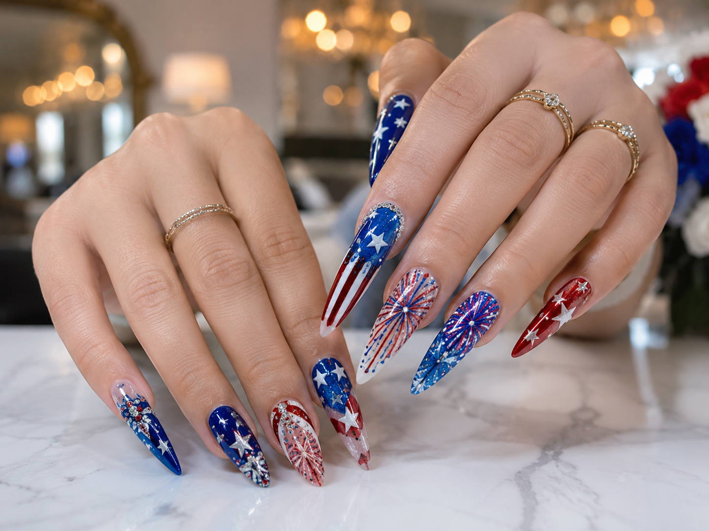 Long patriotic Gel X and acrylic nail designs