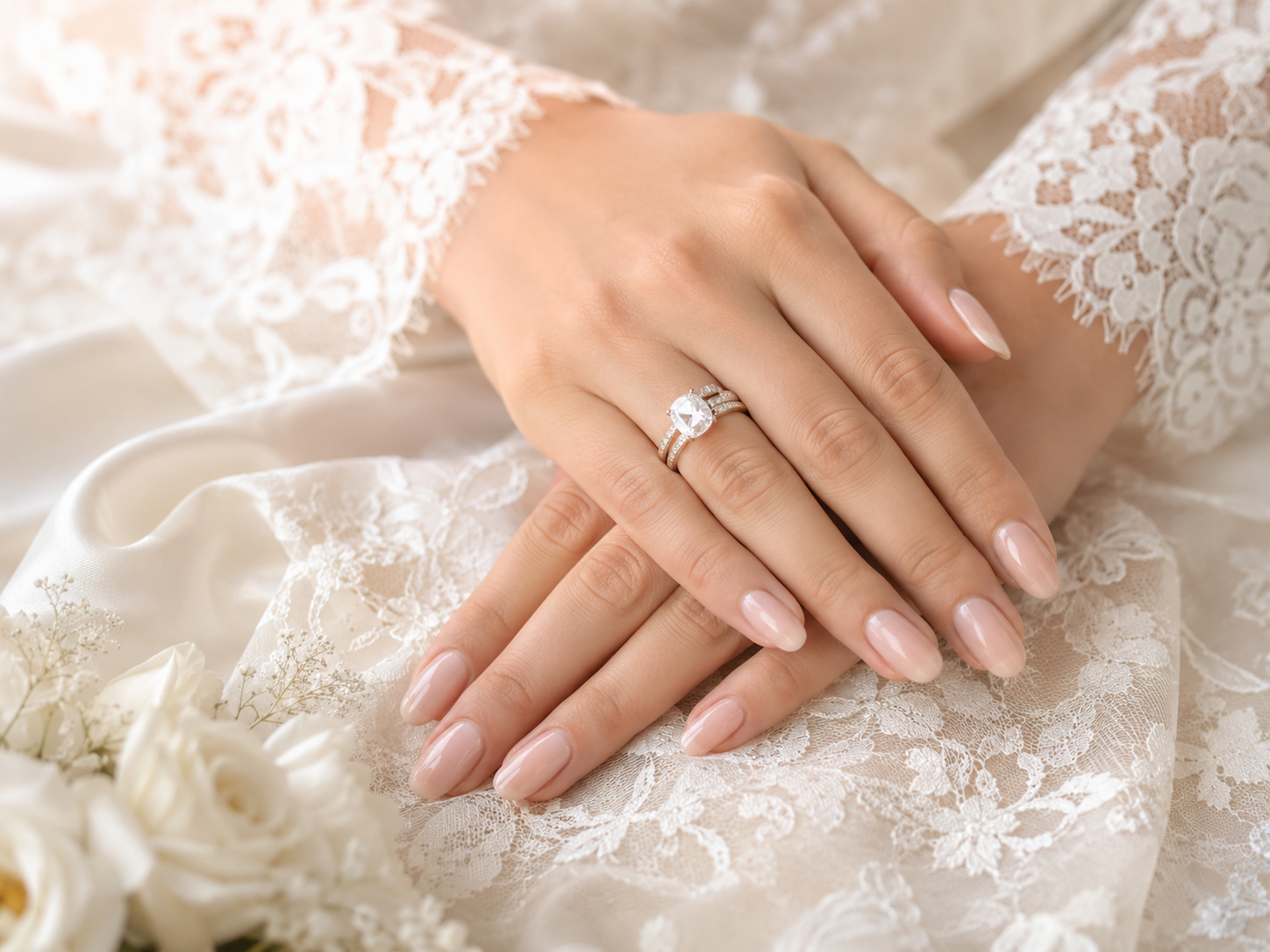 Elegant nude and neutral bridal manicure