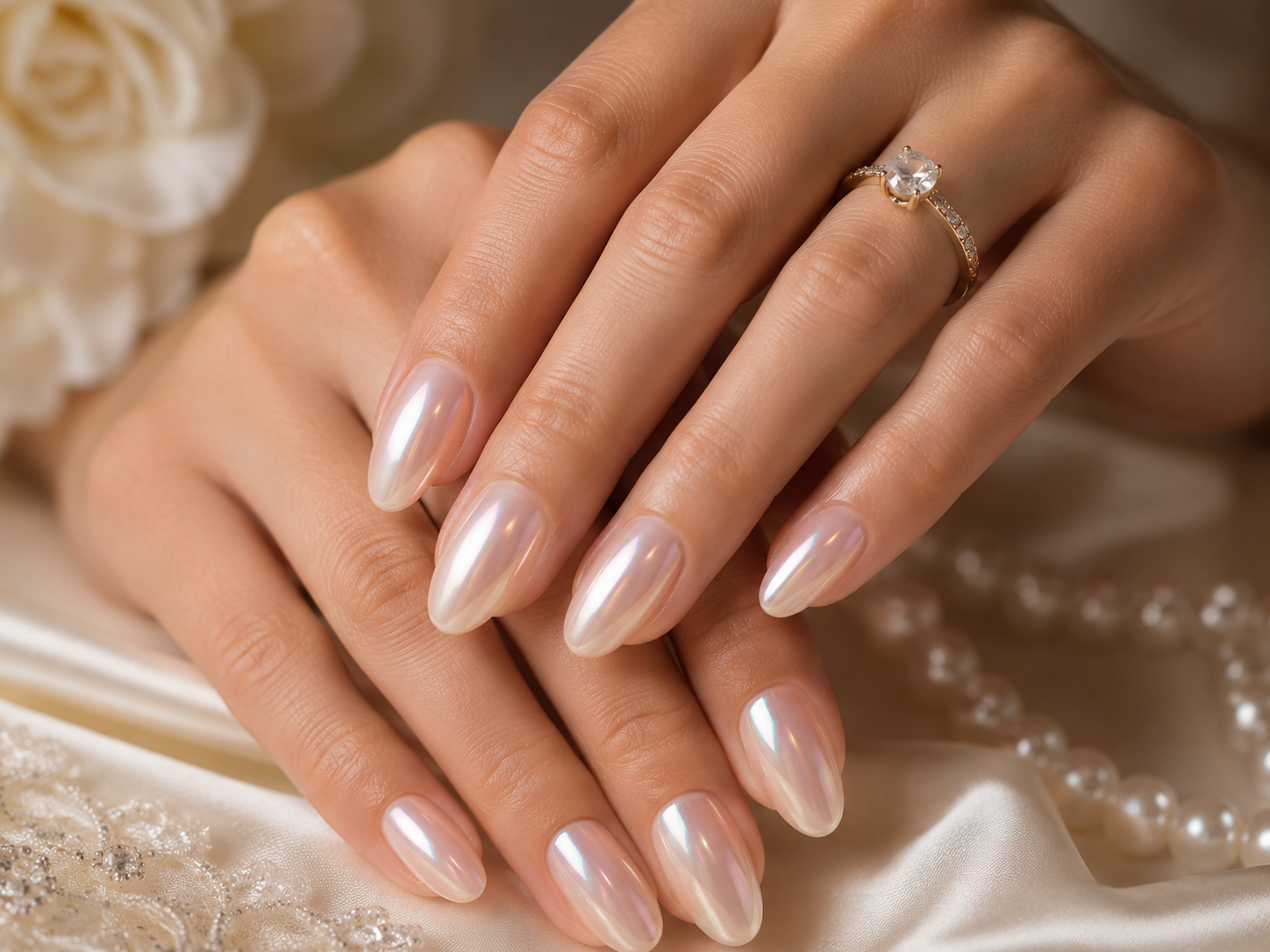 Pearlescent glazed donut chrome bridal nails